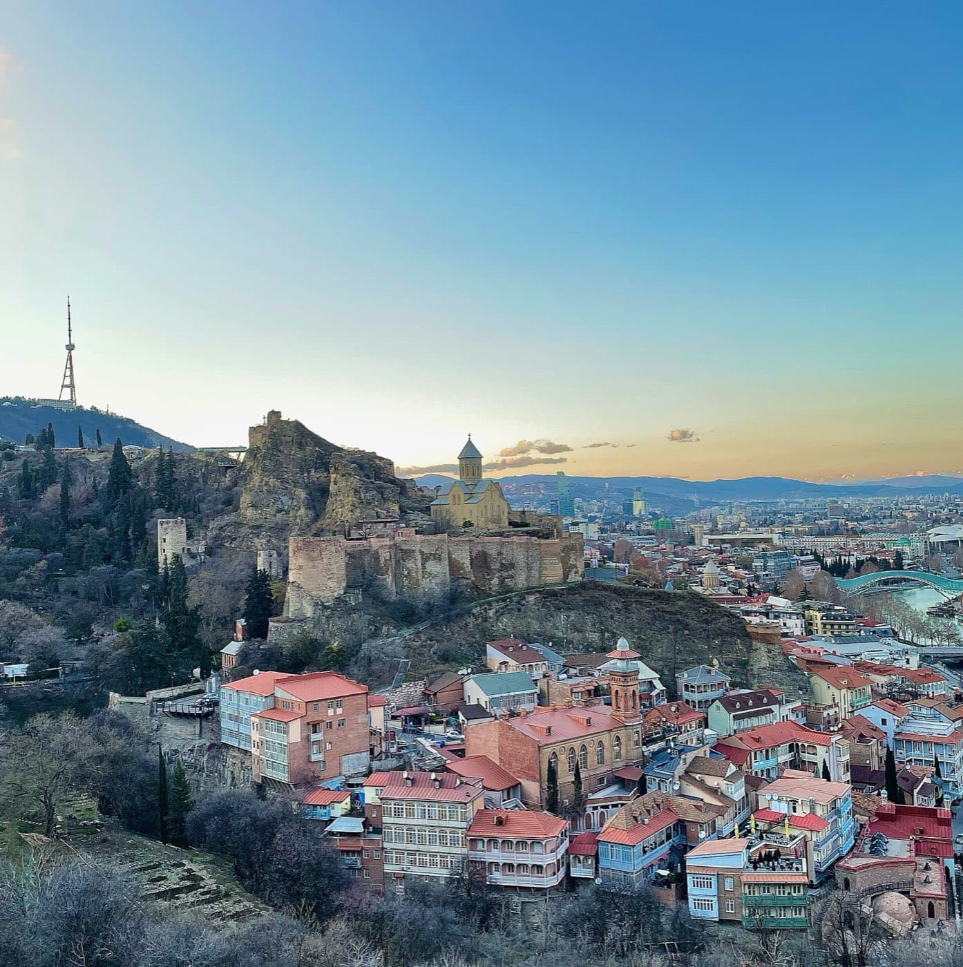 The fortress above the old town of Tbilisi, Georgia, at dusk.